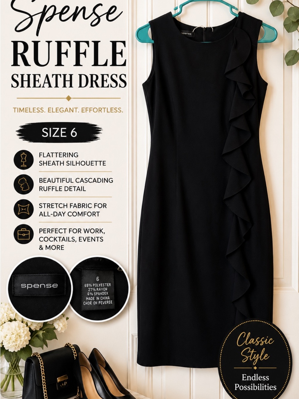 Spense Black Sleeveless Ruffle Sheath Dress